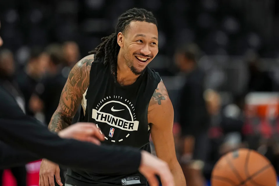 Oct 25, 2025; Atlanta, Georgia, USA; Oklahoma City Thunder forward Jaylin Williams (6) on the court prior to the game against the Atlanta Hawks at State Farm Arena. Mandatory Credit: Dale Zanine-Imagn Images