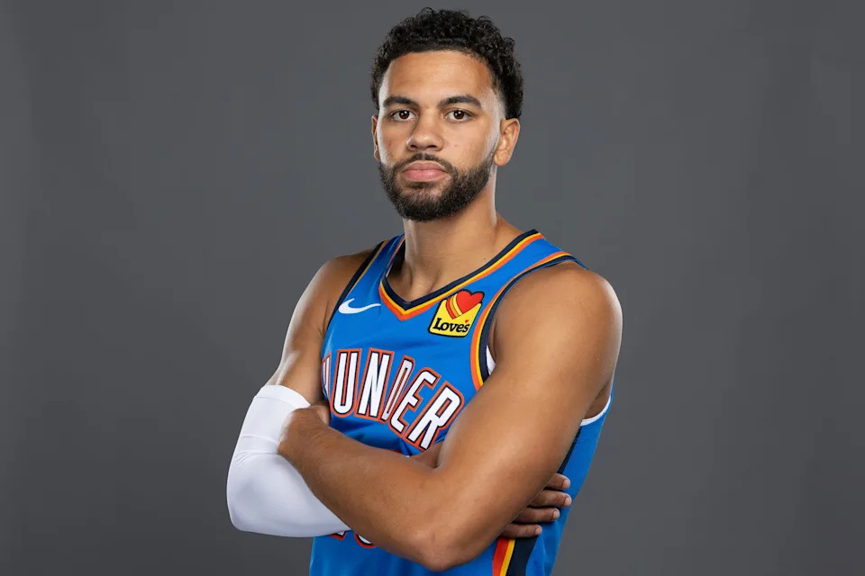 Sep 29, 2025; Oklahoma City, OK, USA; Oklahoma City Thunder guard Ajay Mitchell poses for a photo during the 2025 Oklahoma City Thunder media day at Paycom Center. Mandatory Credit: Alonzo Adams-Imagn Images