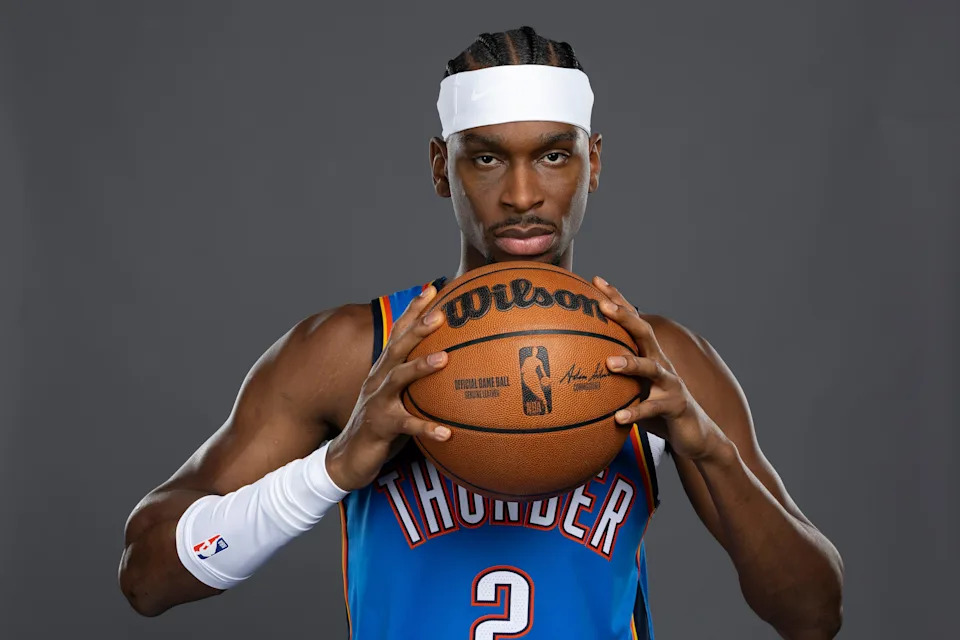Sep 29, 2025; Oklahoma City, OK, USA; Oklahoma City Thunder guard Shai Gilgeous-Alexander poses for a photo during the 2025 Oklahoma City Thunder media day at Paycom Center. Mandatory Credit: Alonzo Adams-Imagn Images
