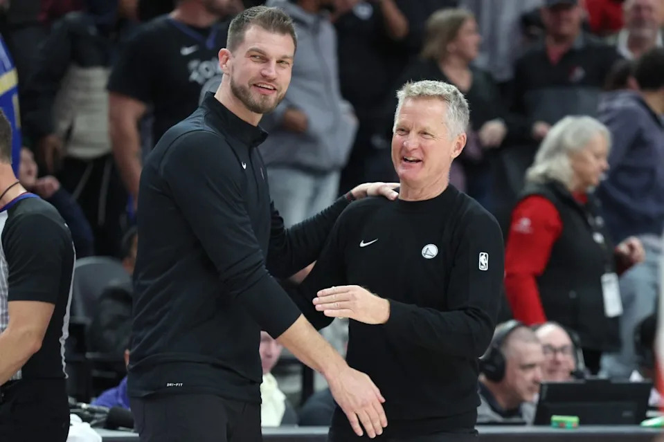 Tiago Splitter and Steve Kerr are pictured after the Trail Blazers defeated the Warriors on Oct. 24. IMAGN IMAGES via Reuters Connect