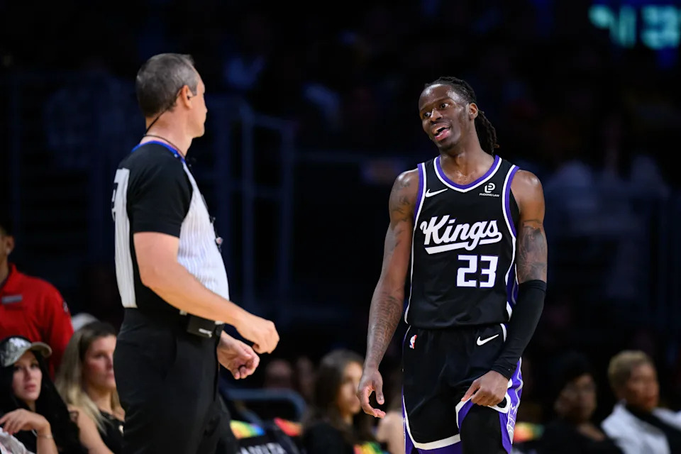 Oct 17, 2025; Los Angeles, California, USA; Sacramento Kings guard Keon Ellis (23) reacts during the second half against the Los Angeles Lakers at Crypto.com Arena.