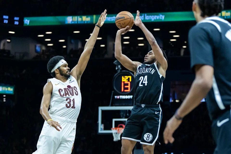 Brooklyn Nets guard Cam Thomas (24) shoots a 3-point shot defended by Cleveland Cavaliers center Jarrett Allen (31) in the second half at Barclays Center, Friday, Oct. 24, 2025, in Brooklyn, NY. Corey Sipkin for the NY POST
