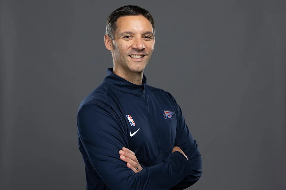 Sep 29, 2025; Oklahoma City, OK, USA; Oklahoma City Thunder head coach Mark Daigneault poses for a photo during the 2025 Oklahoma City Thunder media day at Paycom Center. Mandatory Credit: Alonzo Adams-Imagn Images