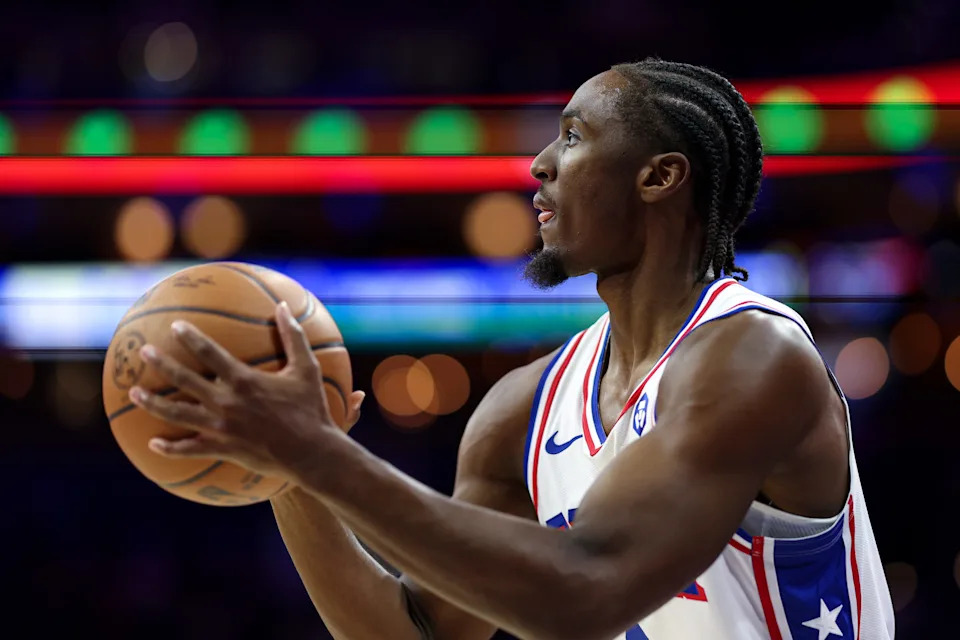 Oct 10, 2025; Philadelphia, Pennsylvania, USA; Philadelphia 76ers guard Tyrese Maxey (0) lines up a shot against the Orlando Magic during the first quarter at Xfinity Mobile Arena. Mandatory Credit: Bill Streicher-Imagn Images
