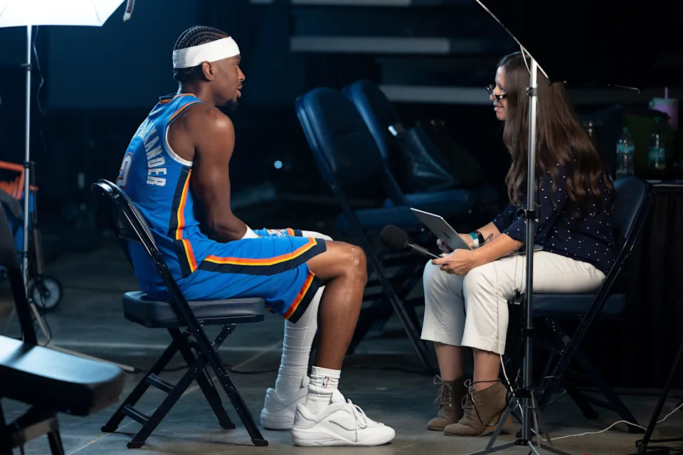 Sep 29, 2025; Oklahoma City, OK, USA; Oklahoma City Thunder guard Shai Gilgeous-Alexander (2) speaks to the media during the 2025 Oklahoma City Thunder media day at Paycom Center. Mandatory Credit: Alonzo Adams-Imagn Images