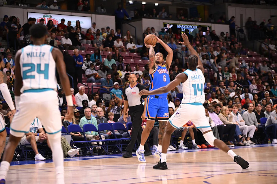 Oct 5, 2025; North Charleston, South Carolina, USA; Oklahoma City Thunder forward Jaylin Williams (6) shoots from the three-point line against the Charlotte Hornets in the first quarter at North Charleston Coliseum. Mandatory Credit: Arthur Ellis-Imagn Images
