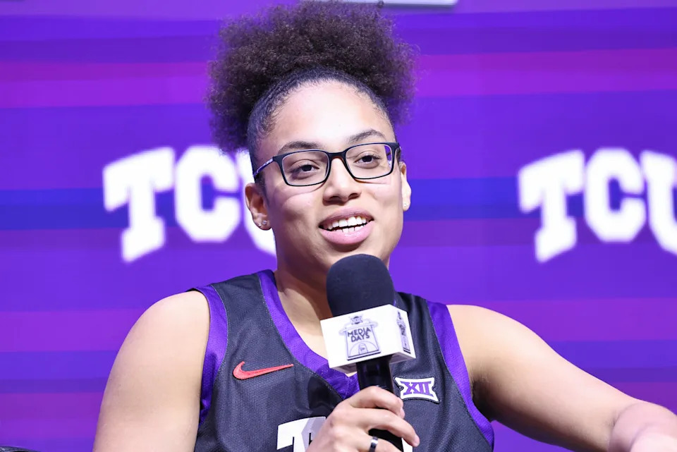 KANSAS CITY, MO - OCTOBER 21: TCU Horned Frogs Olivia Miles smiles during the Big 12 Women's Basketball Media Days on October 21, 2025 at T-Mobile Center in Kansas City, MO. (Photo by Scott Winters/Icon Sportswire via Getty Images)