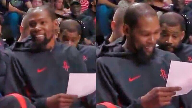 Kevin Durant Was All Smiles As Cameras Captured Him Looking At The Rockets’ Box Score [VIDEO]