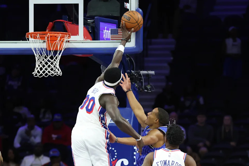 Oct 10, 2025; Philadelphia, Pennsylvania, USA; Philadelphia 76ers forward Adem Bona (30) blocks the shot of Orlando Magic guard Desmond Bane (3) during the first quarter at Xfinity Mobile Arena. Mandatory Credit: Bill Streicher-Imagn ImagesCredit: Bill Streicher-Imagn Images