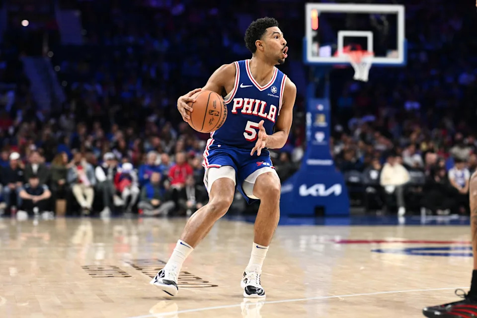 Apr 13, 2025; Philadelphia, Pennsylvania, USA; Philadelphia 76ers guard Quentin Grimes (5) controls the ball against the Chicago Bulls in the second quarter at Wells Fargo Center. Mandatory Credit: Kyle Ross-Imagn Images