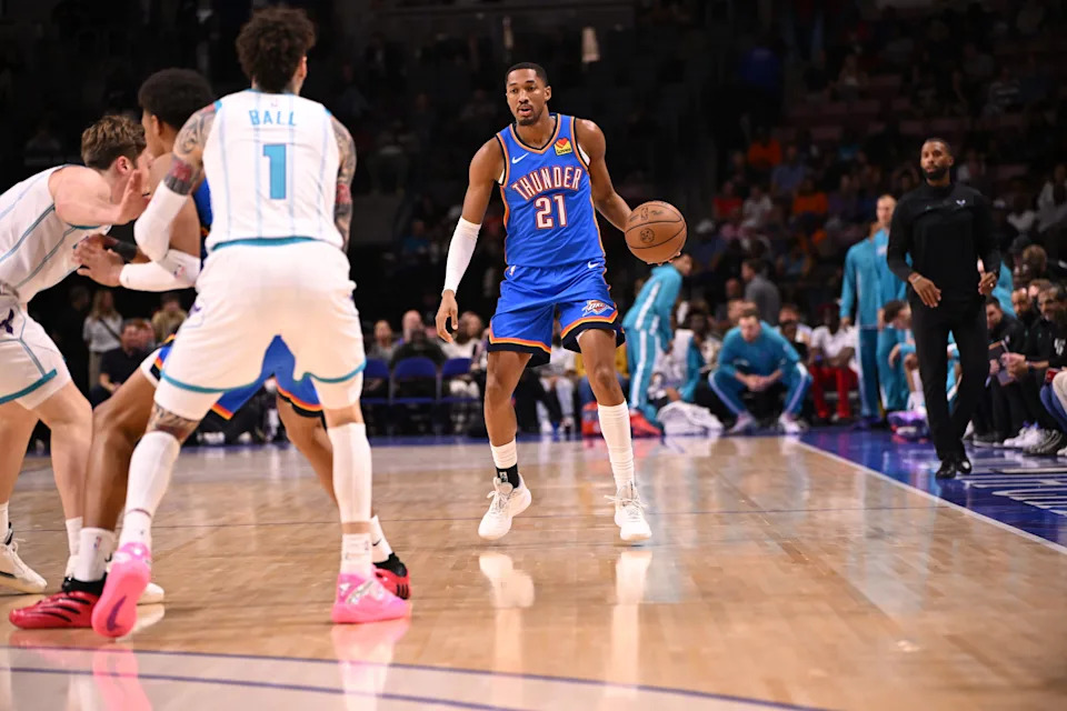 Oct 5, 2025; North Charleston, South Carolina, USA; Oklahoma City Thunder guard Aaron Wiggins (21) dribbles up the court against the Charlotte Hornets in the first quarter at North Charleston Coliseum. Mandatory Credit: Arthur Ellis-Imagn Images
