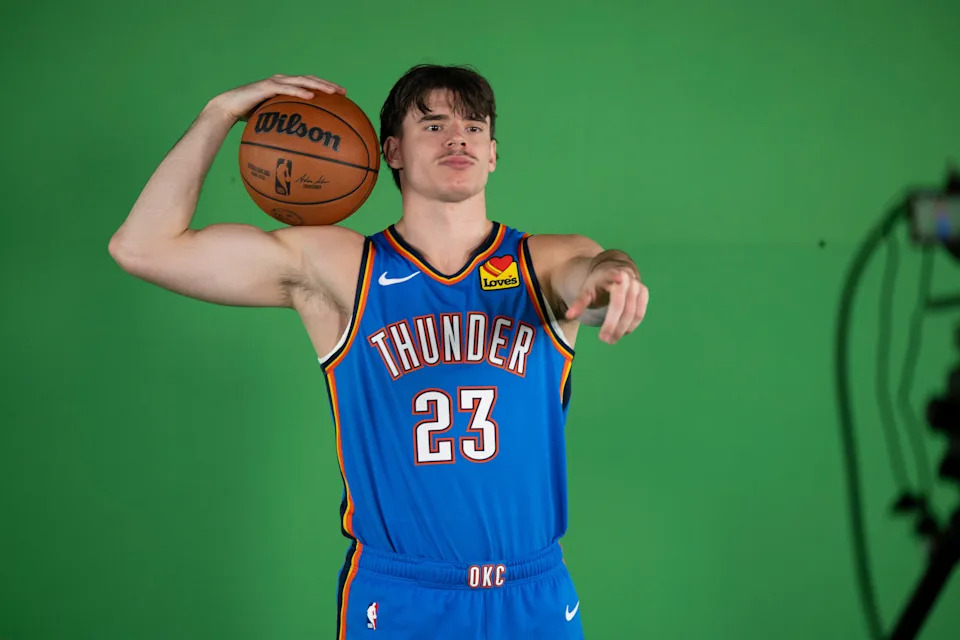 Sep 29, 2025; Oklahoma City, OK, USA; Oklahoma City Thunder forward Brooks Barnhizer (23) poses for a photo during the 2025 Oklahoma City Thunder media day at Paycom Center. Mandatory Credit: Alonzo Adams-Imagn Images