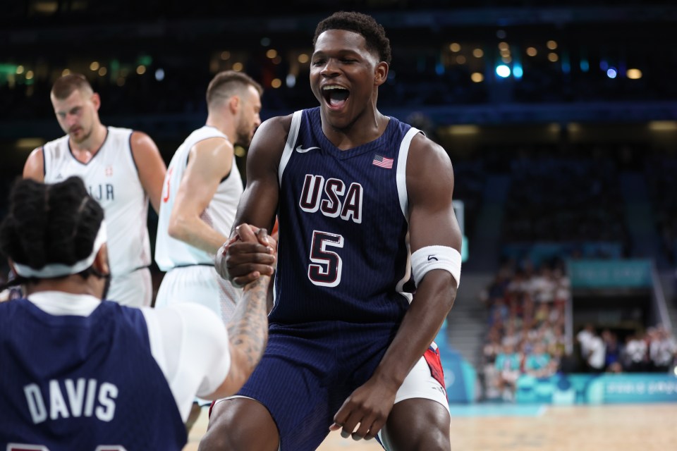 Anthony Edwards #5 of Team USA reacting during a basketball game.