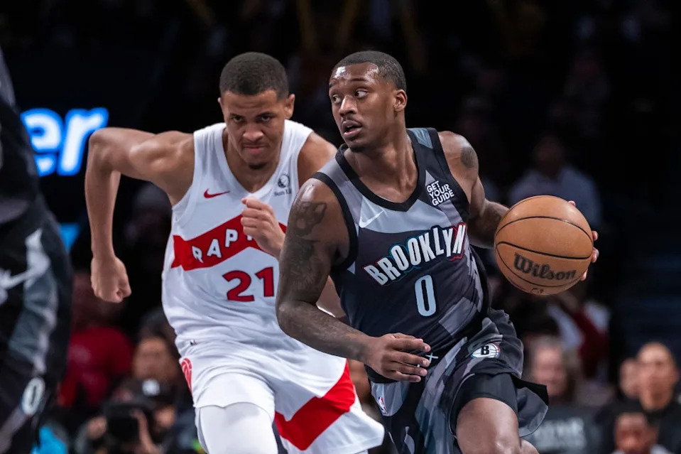 Toronto Raptors center Orlando Robinson (21) chases Brooklyn Nets forward Dariq Whitehead (0) during the second half at Barclays Center, Sunday, April 6, 2025. Corey Sipkin for the NY POST