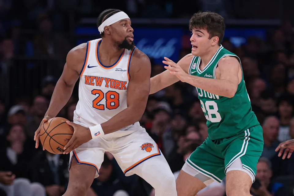 Oct 24, 2025; New York, New York, USA; New York Knicks forward Guerschon Yabusele (28) is guarded by Boston Celtics guard Hugo Gonzalez (28) during the fourth quarter at Madison Square Garden. Mandatory Credit: Vincent Carchietta-Imagn Images