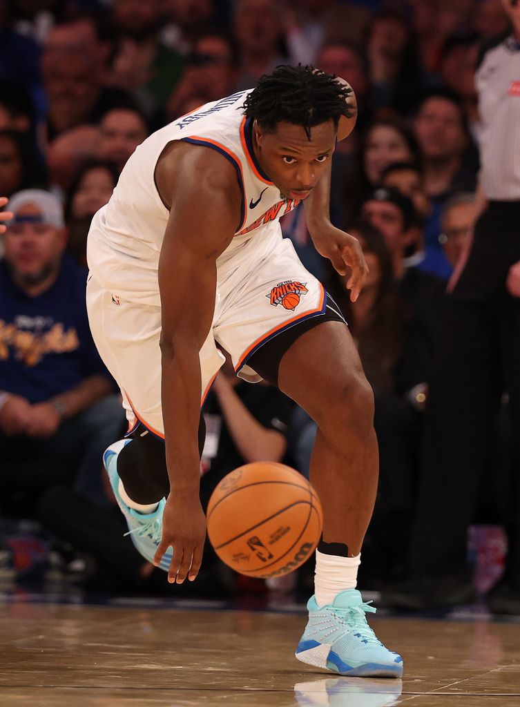 OG Anunoby #8 of the New York Knicks in action against the Cleveland Cavaliers during their game at Madison Square Garden 