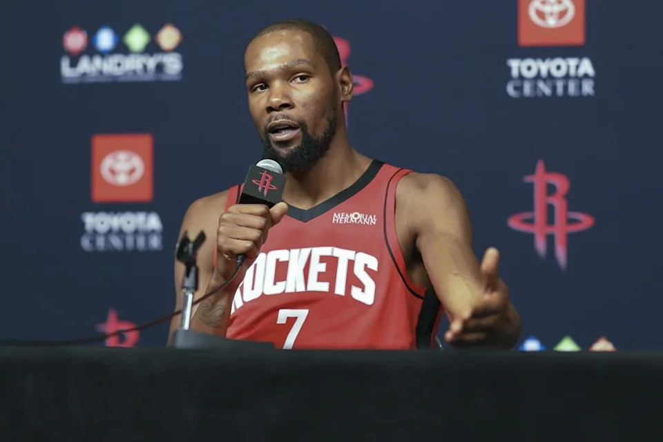 Houston Rockets forward Kevin Durant speaks to reporters during media day at Toyota Center on Sept. 29, 2025.Troy Taormina-Imagn Images