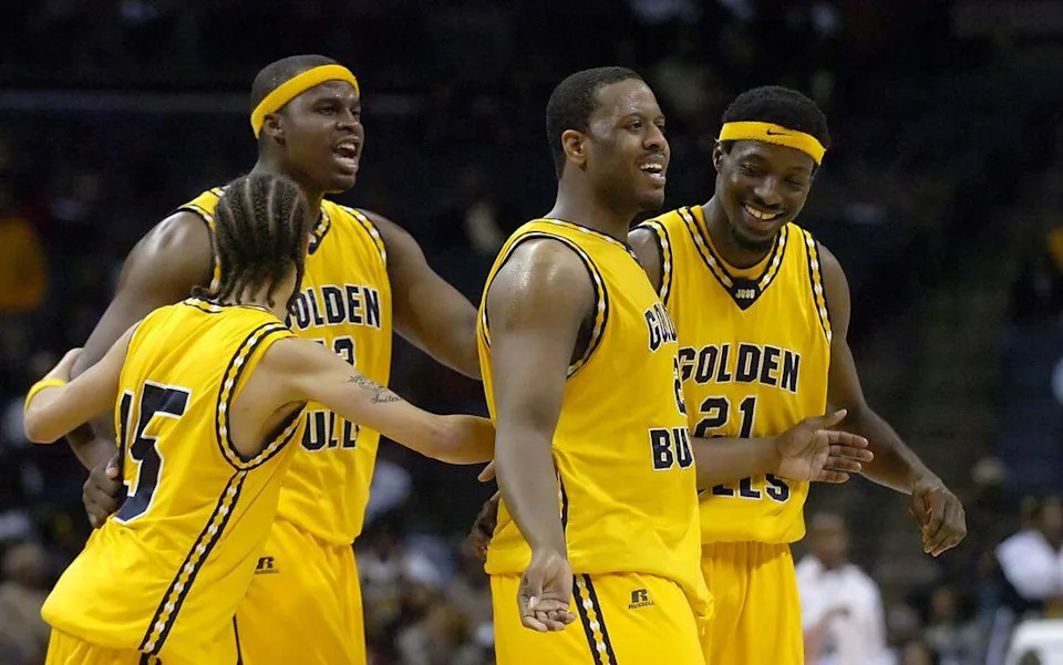 March 3, 2006: Johnson C. Smith basketball players Jerome Givens (#15), David Sanders (#52), Charles Clark (#2), and John Fulton (#21) start to celebrate a win in the CIAA men’s basketball tournament at what was then known as Charlotte Bobcats Arena.