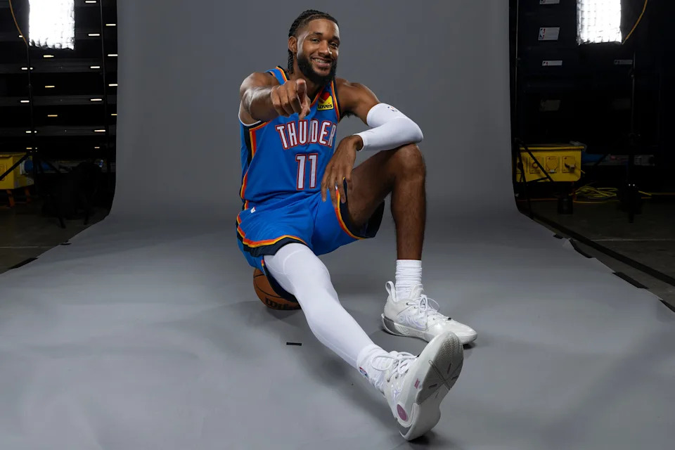 Sep 29, 2025; Oklahoma City, OK, USA; Oklahoma City Thunder guard Isaiah Joe poses for a photo during the 2025 Oklahoma City Thunder media day at Paycom Center. Mandatory Credit: Alonzo Adams-Imagn Images