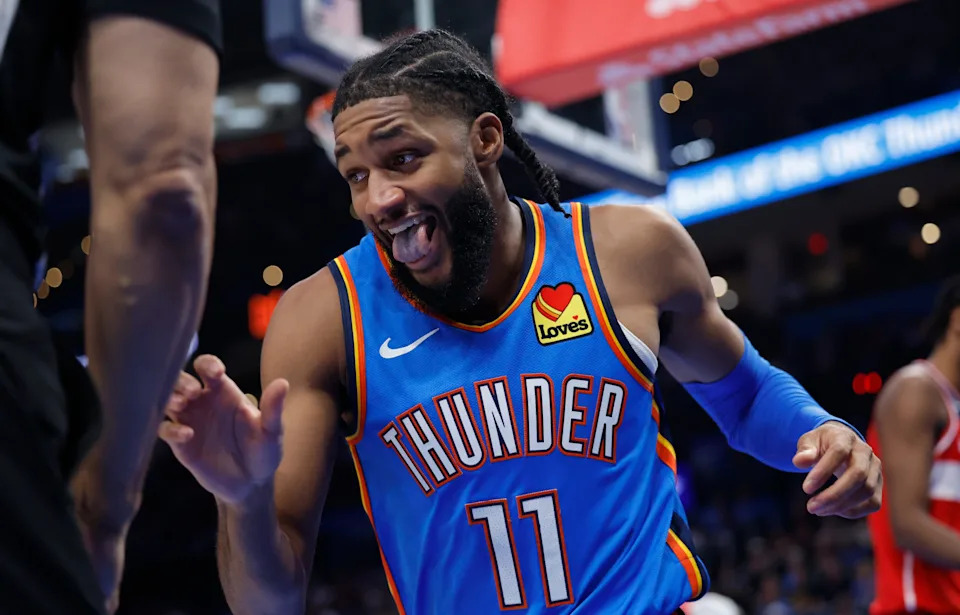 Oct 30, 2025; Oklahoma City, Oklahoma, USA; Oklahoma City Thunder guard Isaiah Joe (11) reacts after a play against the Washington Wizards during the second half at Paycom Center. Mandatory Credit: Alonzo Adams-Imagn Images