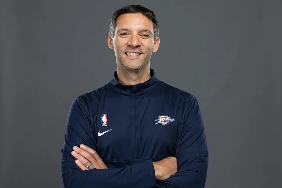 Sep 29, 2025; Oklahoma City, OK, USA; Oklahoma City Thunder head coach Mark Daigneault poses for a photo during the 2025 Oklahoma City Thunder media day at Paycom Center. Mandatory Credit: Alonzo Adams-Imagn Images