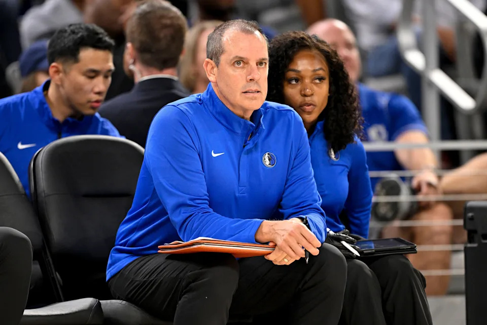 Oct 6, 2025; Fort Worth, Texas, USA; Dallas Mavericks Assistant Coach Frank Vogel watches the game between the Mavericks and the Oklahoma City Thunder during the second half at Dickie's Arena. Mandatory Credit: Jerome Miron-Imagn Images