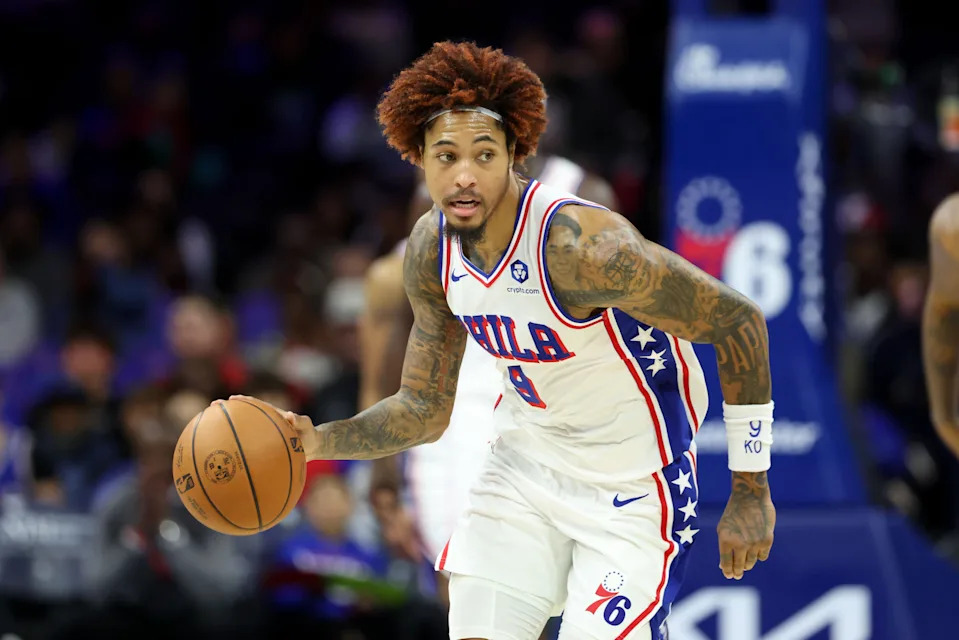 Oct 10, 2025; Philadelphia, Pennsylvania, USA; Philadelphia 76ers forward/guard Kelly Oubre Jr. (9) dribbles up court against the Orlando Magic during the second quarter at Xfinity Mobile Arena. Mandatory Credit: Bill Streicher-Imagn Images