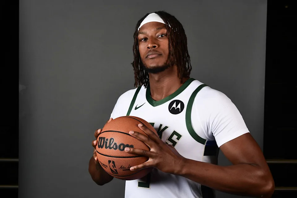 Sep 29, 2025; Milwaukee, WI, USA; Milwaukee Bucks center Myles Turner (3) poses for a picture during Milwaukee Bucks Media Day at the Fiserv Forum. Mandatory Credit: Benny Sieu-Imagn ImagesCredit: Benny Sieu-Imagn Images