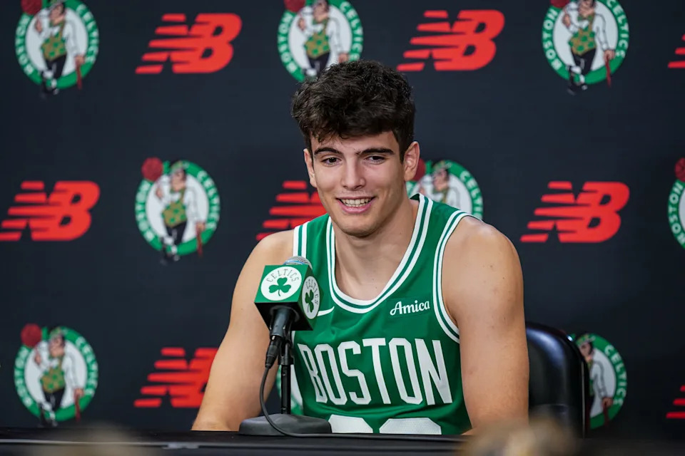 Sep 29, 2025; Boston, MA, USA; Boston Celtics guard Hugo Gonzalez (28) talks with reporters during media day at the Auerbach Center. Mandatory Credit: David Butler II-Imagn Images