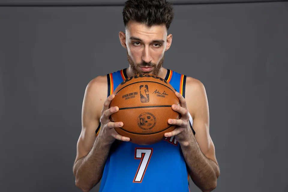 Sep 29, 2025; Oklahoma City, OK, USA; Oklahoma City Thunder forward Chet Holmgren poses for a photo during the 2025 Oklahoma City Thunder media day at Paycom Center. Mandatory Credit: Alonzo Adams-Imagn Images