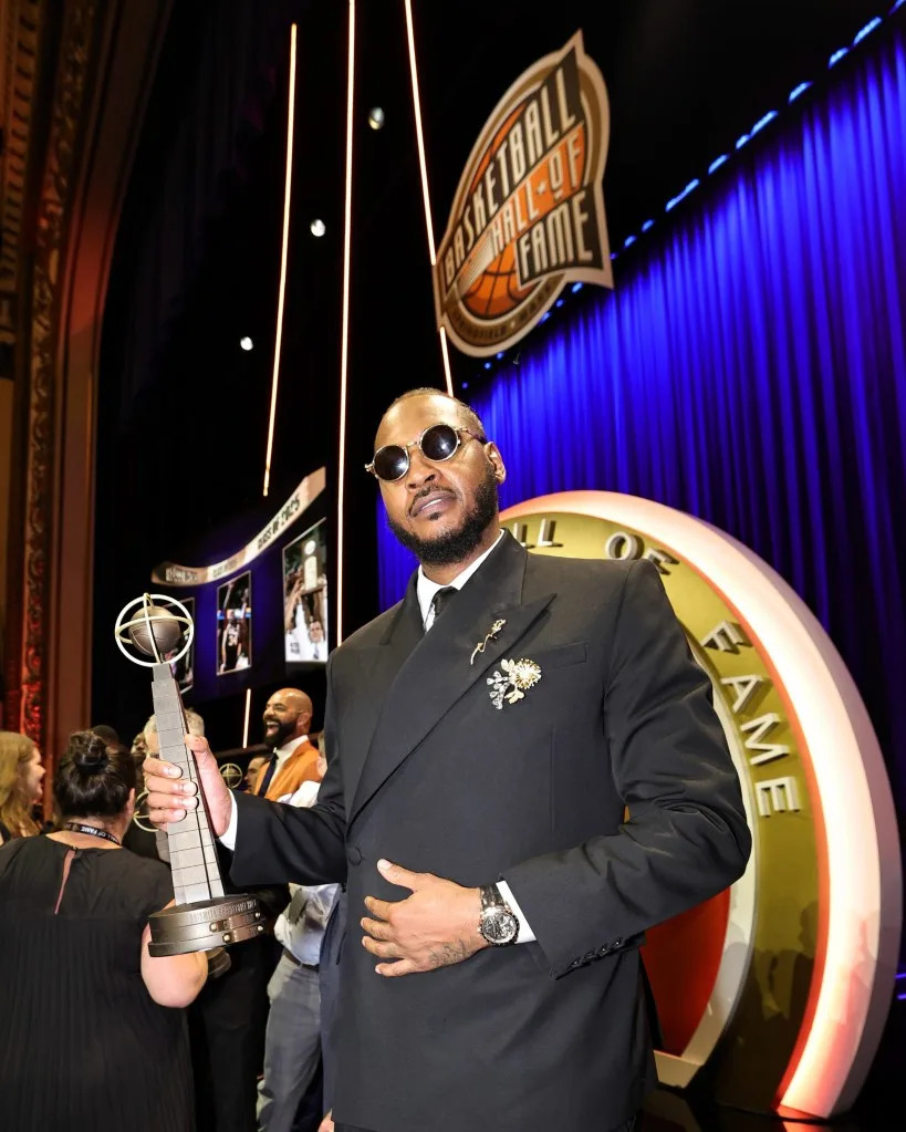 Carmelo Anthony poses for a photo during the 2025 Basketball Hall of Fame Enshrinement Ceremony on September 6, 2025 NBAE via Getty Images