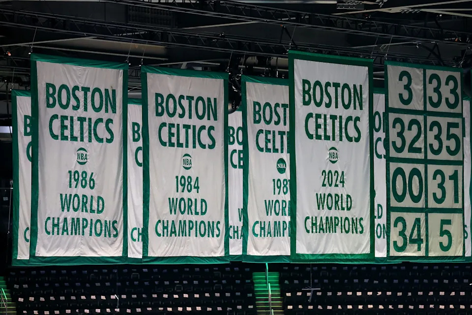 BOSTON, MASSACHUSETTS - APRIL 20: A general view of the Celtics Championship Banners ahead of Game One of the Eastern Conference First Round NBA Playoffs between the Orlando Magic and the Boston Celtics at TD Garden on April 20, 2025 in Boston, Massachusetts. NOTE TO USER: User expressly acknowledges and agrees that, by downloading and or using this photograph, User is consenting to the terms and conditions of the Getty Images License Agreement. (Photo by Maddie Meyer/Getty Images)