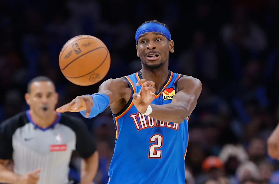 Oct 30, 2025; Oklahoma City, Oklahoma, USA; Oklahoma City Thunder guard Shai Gilgeous-Alexander (2) passes against the Washington Wizards during the second half at Paycom Center. Mandatory Credit: Alonzo Adams-Imagn Images