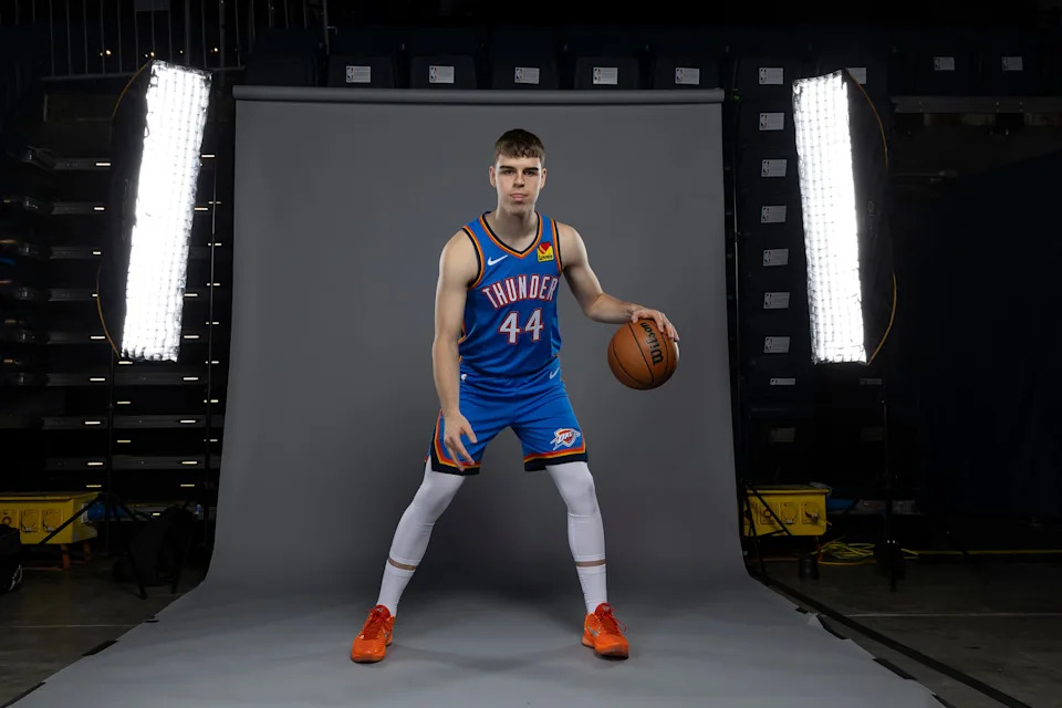 Sep 29, 2025; Oklahoma City, OK, USA; Oklahoma City Thunder guard Nikola Topic poses for a photo during the 2025 Oklahoma City Thunder media day at Paycom Center. Mandatory Credit: Alonzo Adams-Imagn Images