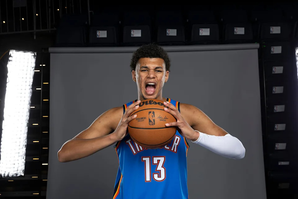 Sep 29, 2025; Oklahoma City, OK, USA; Oklahoma City Thunder forward Ousmane Dieng poses for a photo during the 2025 Oklahoma City Thunder media day at Paycom Center. Mandatory Credit: Alonzo Adams-Imagn Images