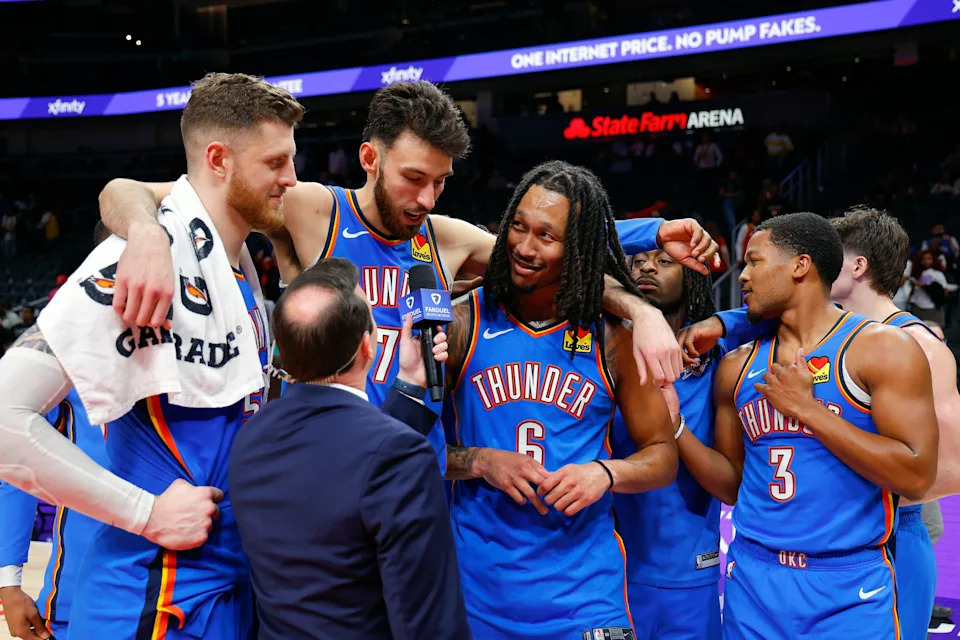 ATLANTA, GEORGIA - OCTOBER 25: Isaiah Hartenstein #55, Chet Holmgren #7, Jaylin Williams #6 and Chris Youngblood #3 of the Oklahoma City Thunder give an interview following the 117-100 victory over the Atlanta Hawks at State Farm Arena on October 25, 2025 in Atlanta, Georgia. NOTE TO USER: User expressly acknowledges and agrees that, by downloading and or using this photograph, User is consenting to the terms and conditions of the Getty Images License Agreement. (Photo by Todd Kirkland/Getty Images)