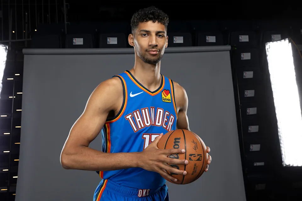 Sep 29, 2025; Oklahoma City, OK, USA; Oklahoma City Thunder forward Malevy Leons poses for a photo during the 2025 Oklahoma City Thunder media day at Paycom Center. Mandatory Credit: Alonzo Adams-Imagn Images