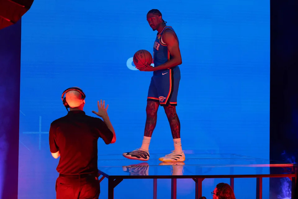 Sep 29, 2025; Oklahoma City, OK, USA; Oklahoma City Thunder forward Jalen Williams (8) poses for a photo during the 2025 Oklahoma City Thunder media day at Paycom Center. Mandatory Credit: Alonzo Adams-Imagn Images