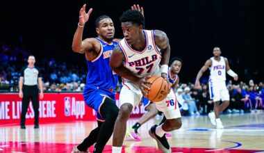 VJ Edgecombe throws down slam in loss to Knicks