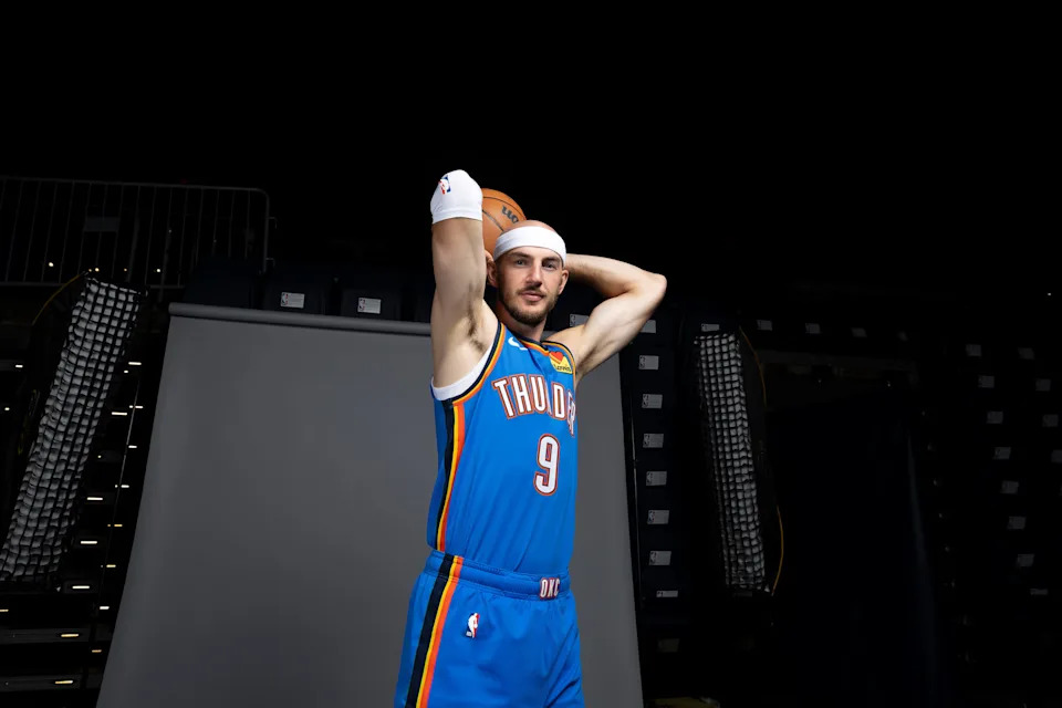 Sep 29, 2025; Oklahoma City, OK, USA; Oklahoma City Thunder guard Alex Caruso poses for a photo during the 2025 Oklahoma City Thunder media day at Paycom Center. Mandatory Credit: Alonzo Adams-Imagn Images