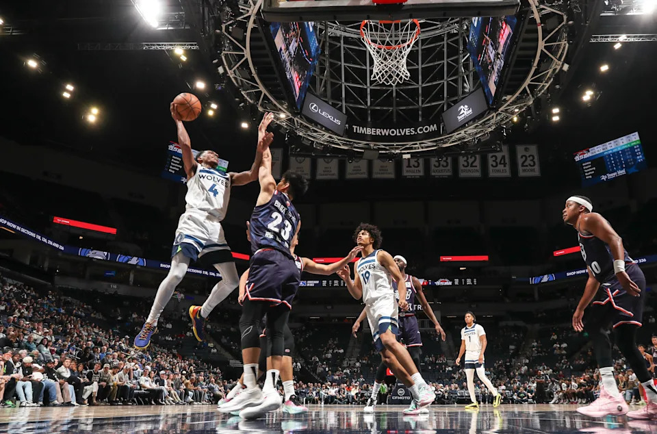 MINNEAPOLIS, MN – OCTOBER 13: Rob Dillingham #4 of the Minnesota Timberwolves drives to the basket during the game against the Guangzhou Loong Lions on October 13, 2025 at Target Center in Minneapolis, Minnesota. NOTE TO USER: User expressly acknowledges and agrees that, by downloading and or using this Photograph, user is consenting to the terms and conditions of the Getty Images License Agreement. Mandatory Copyright Notice: Copyright 2025 NBAE (Photo by Jordan Johnson/NBAE via Getty Images)