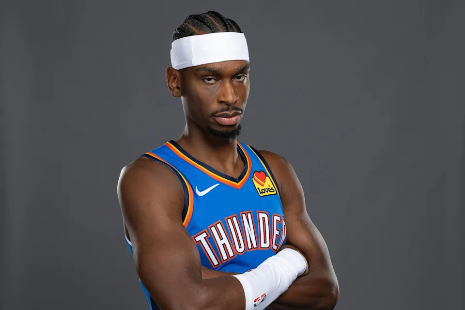 Sep 29, 2025; Oklahoma City, OK, USA; Oklahoma City Thunder guard Shai Gilgeous-Alexander poses for a photo during the 2025 Oklahoma City Thunder media day at Paycom Center. Mandatory Credit: Alonzo Adams-Imagn Images