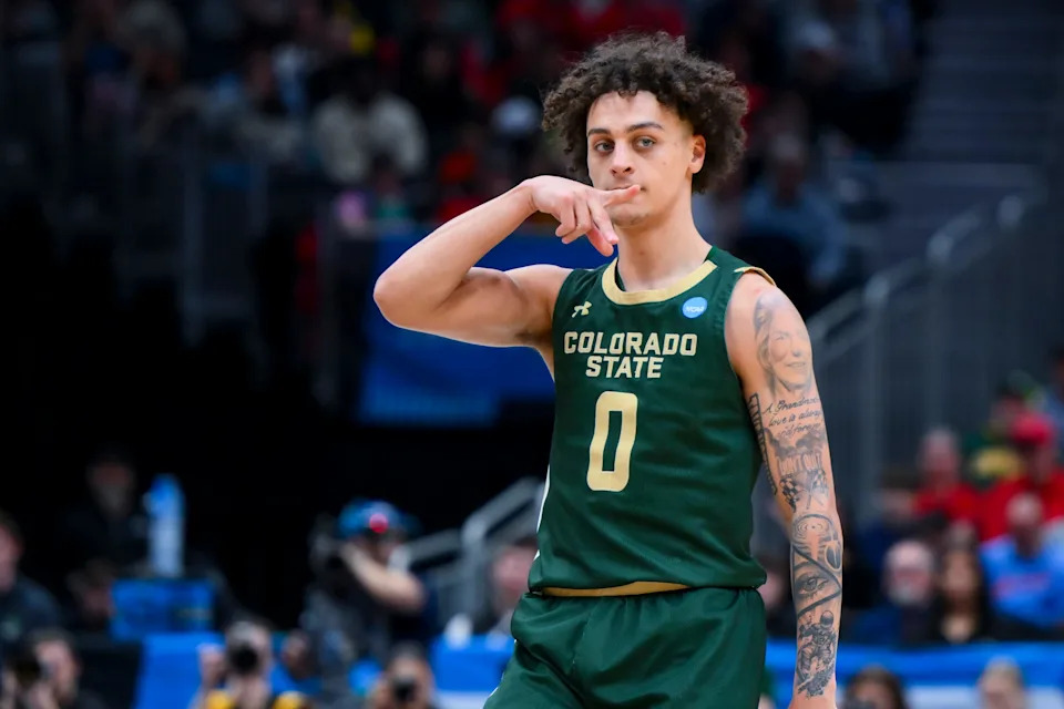 Mar 23, 2025; Seattle, WA, USA; Colorado State Rams guard Kyan Evans (0) reacts against the Maryland Terrapins in the first half at Climate Pledge Arena. Mandatory Credit: Steven Bisig-Imagn Images