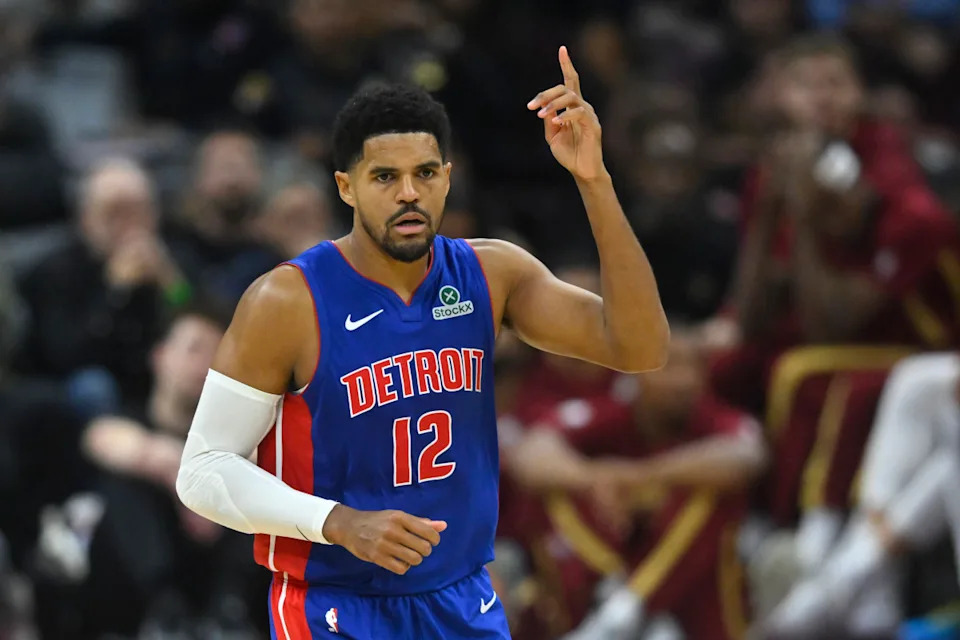 Oct 14, 2025; Cleveland, Ohio, USA; Detroit Pistons forward Tobias Harris (12) reacts in the second quarter against the Cleveland Cavaliers at Rocket Arena. Credit: David Richard-Imagn Images