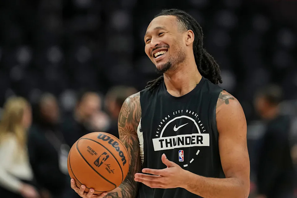 Oct 25, 2025; Atlanta, Georgia, USA; Oklahoma City Thunder forward Jaylin Williams (6) on the court prior to the game against the Atlanta Hawks at State Farm Arena. Mandatory Credit: Dale Zanine-Imagn Images