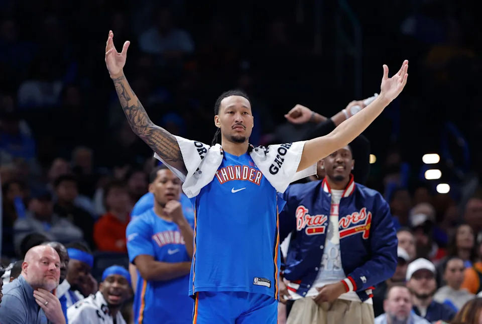 Oct 30, 2025; Oklahoma City, Oklahoma, USA; Oklahoma City Thunder forward Jaylin Williams (6) gestures during the second half of a game against the Washington Wizards at Paycom Center. Mandatory Credit: Alonzo Adams-Imagn Images