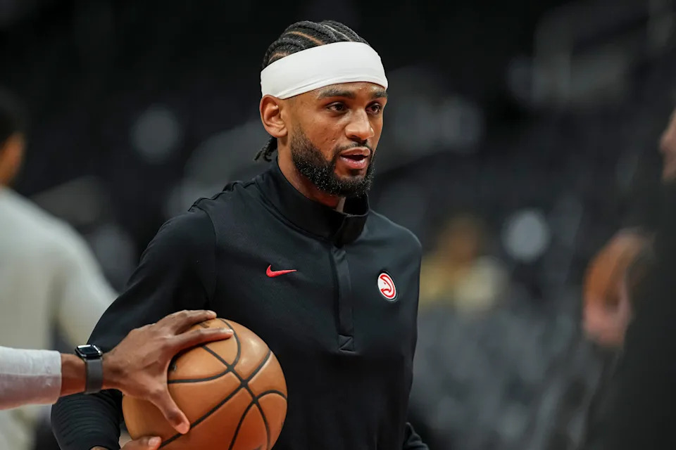 Oct 25, 2025; Atlanta, Georgia, USA; Atlanta Hawks guard Nickeil Alexander-Walker (7) on the court prior to the game against the Oklahoma City Thunder at State Farm Arena. Mandatory Credit: Dale Zanine-Imagn Images