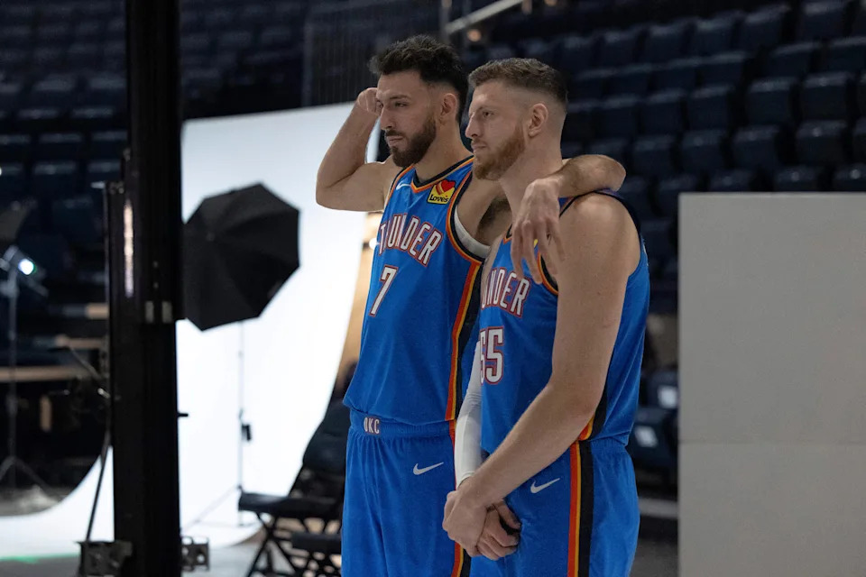 Sep 29, 2025; Oklahoma City, OK, USA; Oklahoma City Thunder forward Chet Holmgren (7) and center Isaiah Hartenstein (55) pose for a photo during the 2025 Oklahoma City Thunder media day at Paycom Center. Mandatory Credit: Alonzo Adams-Imagn Images