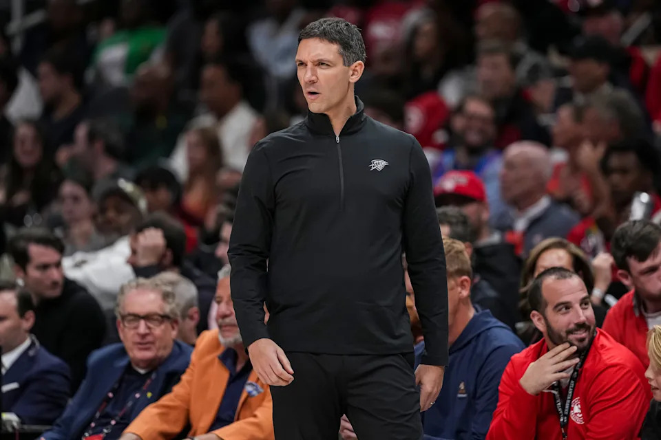 Oct 25, 2025; Atlanta, Georgia, USA; Oklahoma City Thunder head coach Mark Daigneault reacts on the bench against the Atlanta Hawks during the first half at State Farm Arena. Mandatory Credit: Dale Zanine-Imagn Images