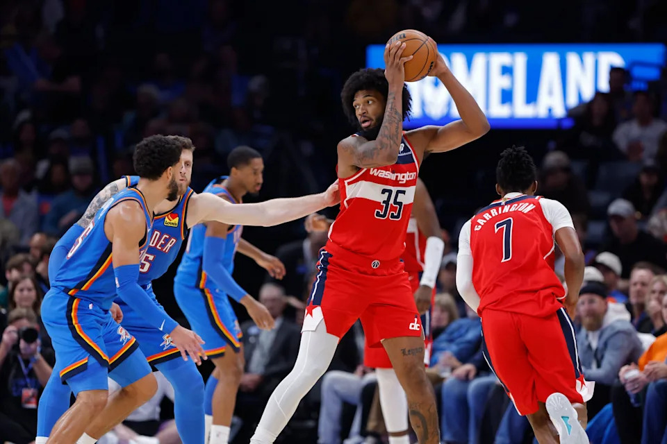 Oct 30, 2025; Oklahoma City, Oklahoma, USA; Washington Wizards forward Marvin Bagley III (35) moves the ball against the Oklahoma City Thunder during the second half at Paycom Center. Mandatory Credit: Alonzo Adams-Imagn Images